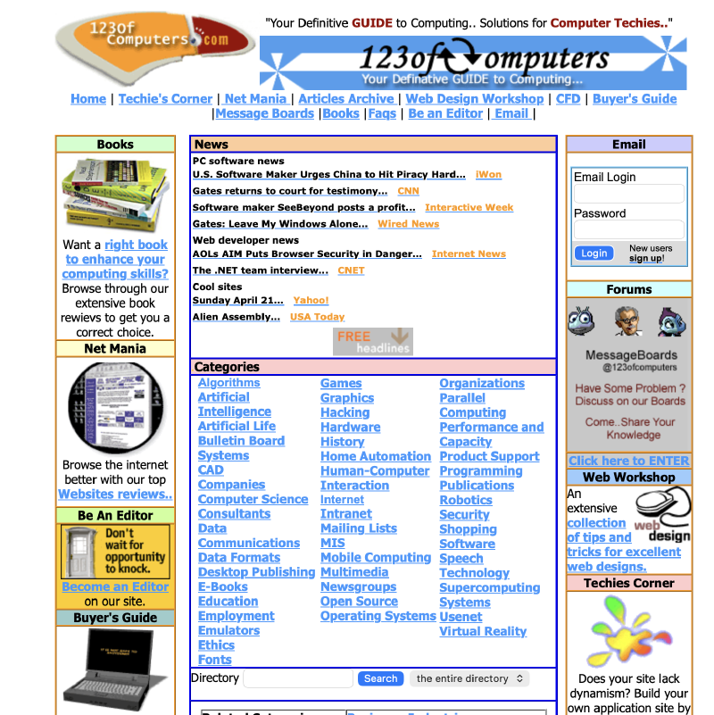 123ofcomputers.com — category-driven techie portal, c. April 2002. Note the news aggregation row at the top, the 50+ category directory in the middle, message boards, books recommendations, and Buyer&rsquo;s Guide sidebar