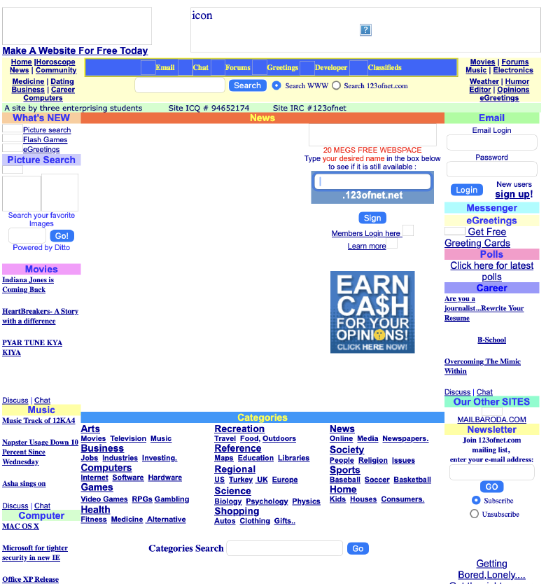 123ofnet.com — the homepage we launched: a full web portal with free webmail, free hosting, chat, forums, picture search, eGreetings, a Yahoo-style directory, news aggregation, and classifieds, all on a single page