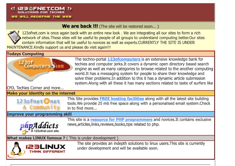 123ofnet.com — homepage of the network, c. 2002, showing the constellation of sub-sites: 123ofcomputers, 123ofnet.net hosting, phpAddicts, and 123Linux