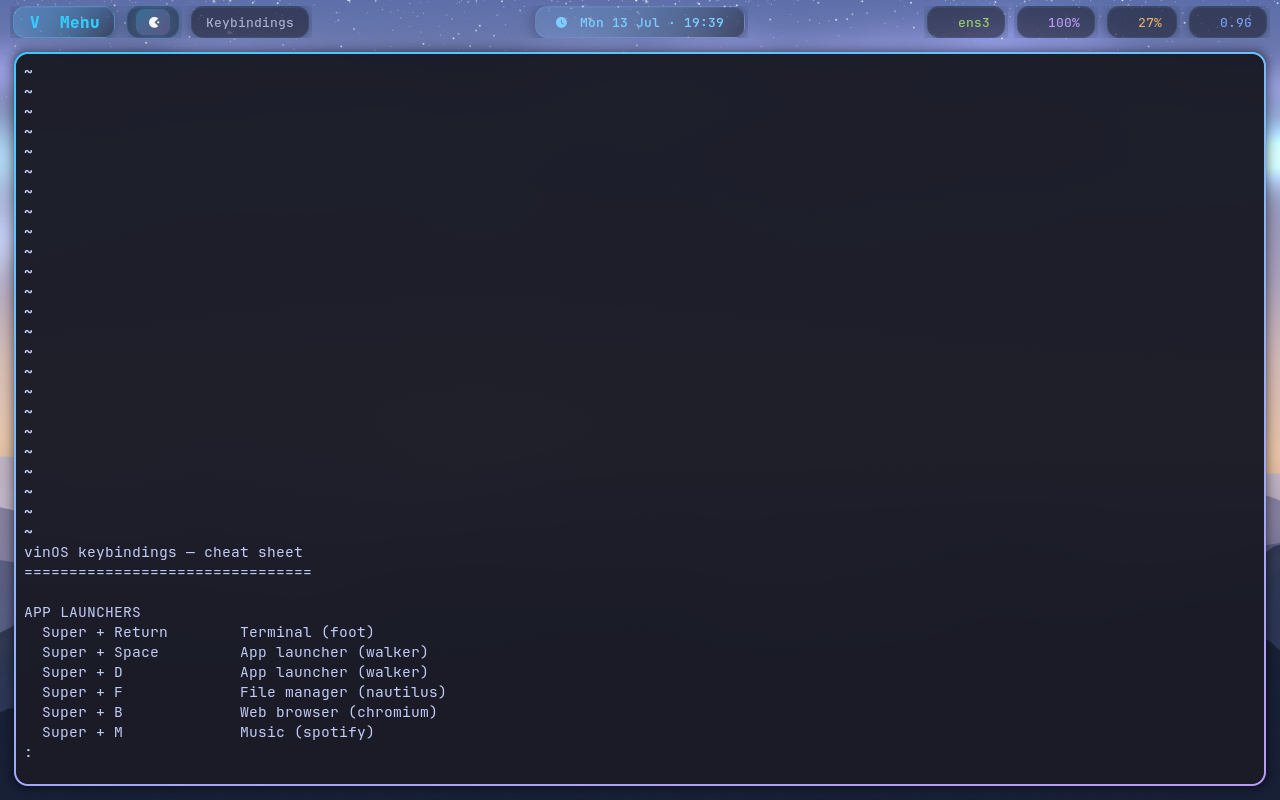 The vinOS keybindings cheat sheet displayed in the foot terminal